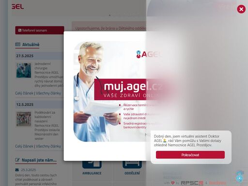 nemocnice agel prostějov patří ke středně velkým nemocnicím, zajišťuje zdravotní péči lůžkovou i ambulantní pro obyvatele prostějovska, v některých oblastech je její působení nadregionální - např. implantace trvalých kardiostimulátorů, radioterapie, dialyzační léčba. v současné době nemocnice disponuje 400 lůžky akutní péče, 30 lůžky léčebné rehabilitace a 72 lůžky v léčebně pro dlouhodobě nemocné.
