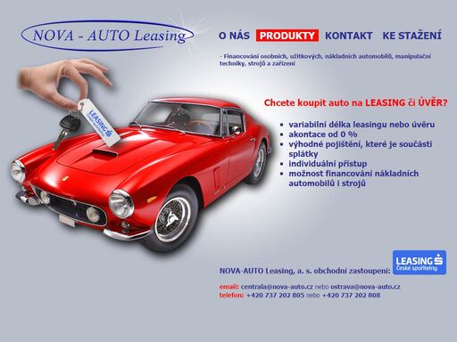 nova-auto leasing a.s., sautoleasing - praha, brno, ostrava. od svého vzniku se společnost zaměřuje na leasingové a následně i úvěrové financování mobilní techniky, zejména pak osobních, užitkových a nákladních automobilů a další mobilní techniky (vysokozdvižné vozíky, stavební a silniční stroje atd.).