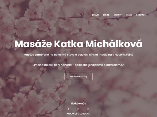 masáže nový jičín, relaxační a sportovní masáže v novém jičíně zaměřené na bolestivé stavy zad, shiatsu, trigger points, vazivová masáž. 
      přijďte se zrelaxovat a ulevit si od bolesti. vyberte si z nabídky služeb a navštivte naši pobočku v novém jičíně. 
      kontakt: kateřina michálková. adresa: jeremenkova 224/37, šenov u nového jičína, 742 42. tel: +420 603 875 078. email: masaze.michalkovakatka@gmail.com