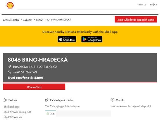 8046 brno-hradecká je čerpací stanice s možností dobíjení elektromobilů, která se nachází v oblasti brno. tato stanice zahrnuje prodejna a toalety.