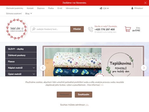 internetový obchod s látkami, e-shop s metráží, najdete zde převážně teplákovinu s potiskem, úplety s potiskem, softshell, warmkeeper, bavlněné úplety, plátno, náplet v metráži, galanterie