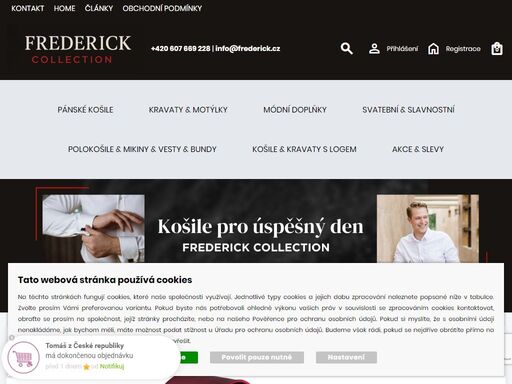 frederick collection, košile, pánské košile, košile s logem, košile slim, firemní košile, košile prodloužená délka rukávů, kravaty, motýlky, svatební košile, manžetové knoflíky,  kapesníky do saka, pánské oděvy, pánská móda, košile větších velikostí, nadměrné košile, košile dlouhý rukáv, košile krátký rukáv