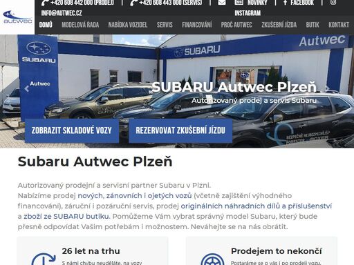 smluvní partner vozů subaru outback, forester, subaru xv, levorg, impreza a subaru brz
      záruční i pozáruční servis, náhradní díly, příslušenství a leasing nových i ojetých vozů subaru. autobazar, ojeté a předvádcí vozy subaru.