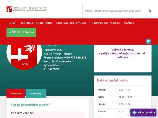 autorizované informace o ordinaci praktického lékaře pro děti a dorost. mudr. petr adam. ordinace puškinova 226, frýdek - místek