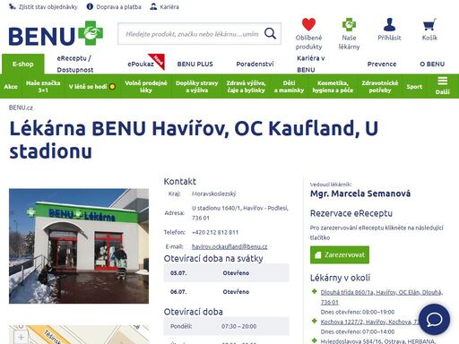 ?každodenně otevřená lékárna benu v havířově. najdete ji u oc kaufland na adrese u stadionu 1640/1, havířov - podlesí, 736 01. zastavte se pro radu!?