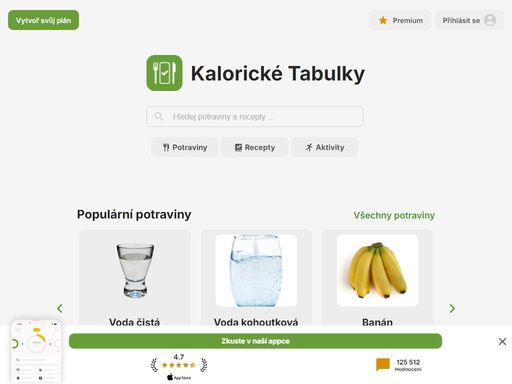 kalorické hodnoty tisíců potravin. energetický výdej aktivit. vlastní jídelníček pro každodenní evidenci energetického příjmu a;výdeje