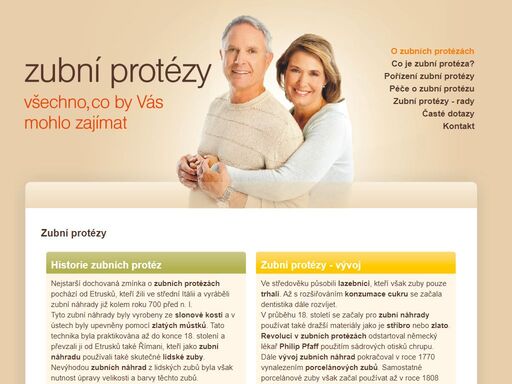 zubní protézy - na našem webu naleznete základní informace týkající se zubních protéz - historie a vývoj zubních protéz, druhy zubnich protéz a další informace o zubních protézách.