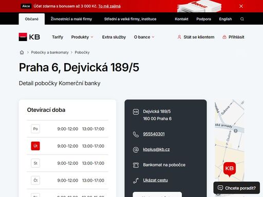 seznam a vyhledávání poboček a bankomatů komerční banky.