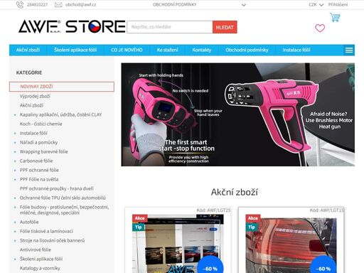awf® store since 1997 / fólie, pomůcky, školení, instalace.... awf® store nabízí širokou škálu fólií a pomůcek pro instalace fólií, jako jsou například wrapping, okenní a protisluneční fólie, bezpečnostní fólie, reklamní polepy nebo ochranné čiré ppf fólie na karoserie automobilů.
v našem sortimentu najdete výrobky…
