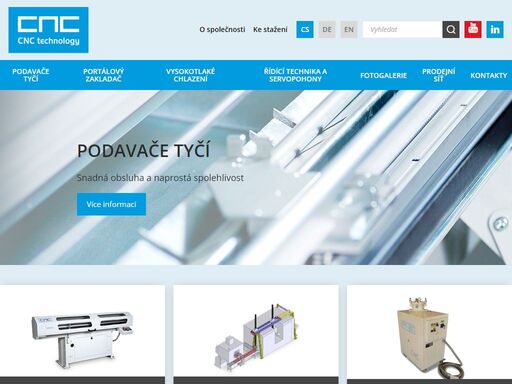 cnc technology nabízí prodej řady podavačů tyčí pro cnc soustruhy a zakladač portálového typu pro přírubové součásti.
zároveň nabízíme systémovou integraci a vývoj aplikací pro řídicí systémy strojů všeobecného použití zejména na platformě firmy yaskawa a rovněž zákaznická řešení jednoúčelových strojů.