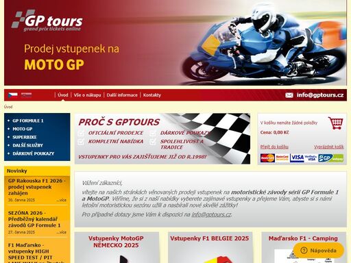 kompletní nabídka a nejlepší ceny vstupenek na  f1 a motogp. již od roku 1998 pro vás zajišťujeme vstupenky na motoristické akce. rádi pro vás připravíme dárkové certifikáty.