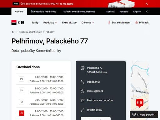 seznam a vyhledávání poboček a bankomatů komerční banky.
