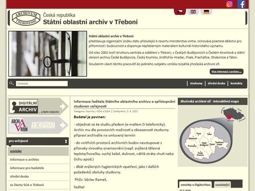 čr - státní oblastní archiv v třeboni, stránky jihočeských archivů, státní okresní archiv