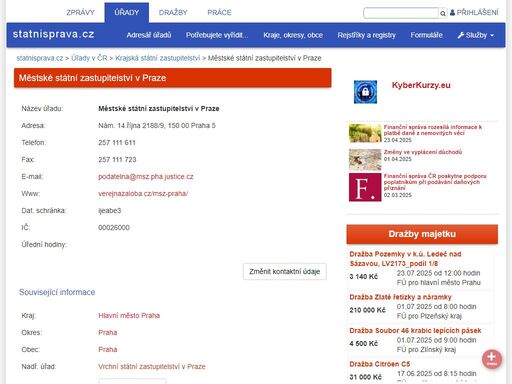 kontakty, adresa, telefon, fax, ičo, datová schránka, e-mail, www, úřední hodiny, volná místa, odbory, podřízené úřady, agendy