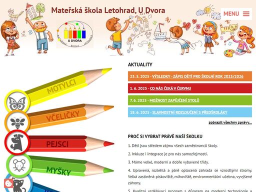jsme městská pětitřídní školka pavilónového typu.  pracuje zde kvalifikovaný pedagogický personál a potřebný počet provozních zaměstnanců zajišťujících chod kuchyně a úklid.