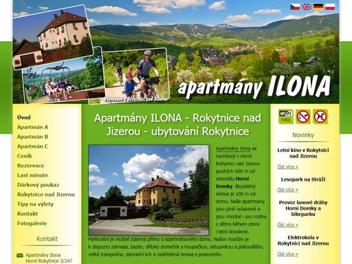 apartmány, ilona, ubytování, krkonoše, rokytnice, nad, jizerou nabízíme vám ubytování ve dvou až tří pokojových luxusně zařízených apartmánech v rodinném domě,
pouze 400 m od skiareálu horní domky.