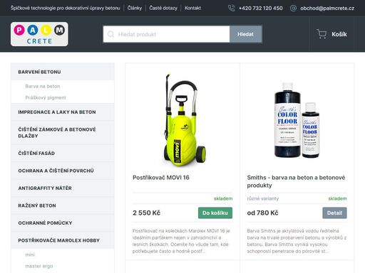 ošetření zámkové dlažby, nátěry na betonové povrchy, nátěry na asfaltové povrchy výrobky pro čištění zámkové dlažby, betonových a kamenných povrchů, syntetické a vodou ředitelné hydrofobní impregnace, trvalé probarvení betonu a dlažby, dekorativní beton, výrobky pro výtvarné práce s betonem, stavební tmely a lepidla.