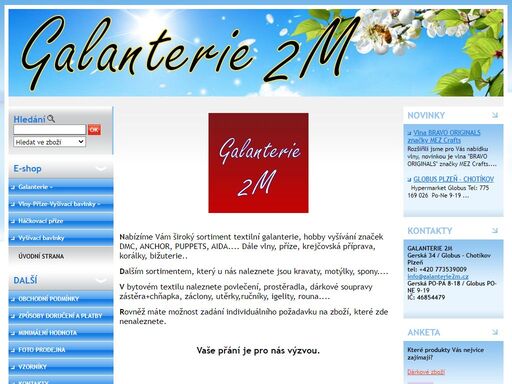 nabízíme vám široký sortiment textilní galanterie, hobby vyšívání značek dmc, anchor, puppets, baleriena, coats, aida.... dále vlny, příze, krejčovská příprava, korálky, bižuterie
