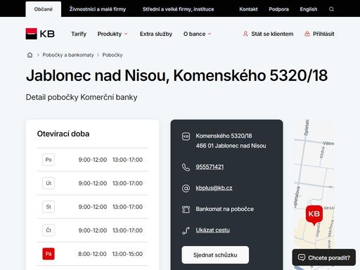 seznam a vyhledávání poboček a bankomatů komerční banky.