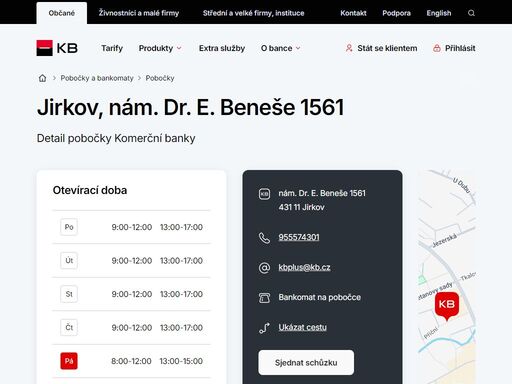 seznam a vyhledávání poboček a bankomatů komerční banky.
