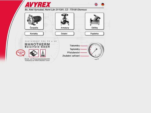 avyrex - zastoupení pro čr a sr manotherm beirfeld gmbh. čerpadla, armatury, odlitky, teploměry, tlakoměry, příslušenství a zkušební zařízení.