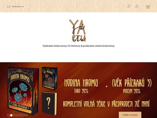jsme malé české nakladatelství zaměřující se na české autory ya & internetový obchod, ve kterém si můžete zakoupit náš vlastní merch, svíčky a knižní boxy se speciálními edicemi knih od českých autorů.