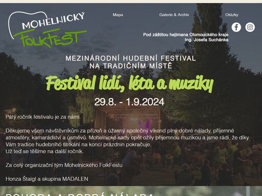 mohelnický folkfest navazuje na dlouholetou tradici mohelnického dostavníku. poslední prázdninový víkend plný folk&country muziky, kamarádství, úsměvů, stanování, jamování či společného zpívání u tradičního táborového ohně.