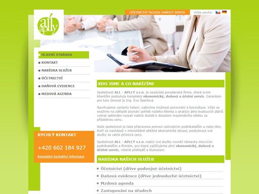 společnost all - aplly s.r.o. je nezávislá poradenská firma, která svým klientům poskytuje kompletní ekonomický, daňový a účetní servis.