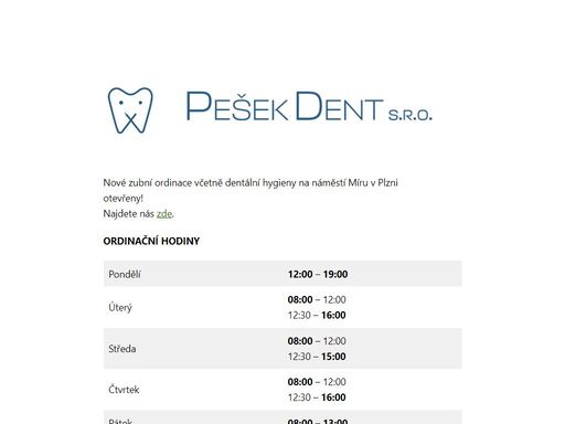 nové zubní ordinace včetně dentální hygieny na náměstí míru v plzni otevíráme v červenci 2023.najdete nás zde. kontakt náměstí míru 1076/2, jižní předměstí, 301 00 plzeňtel.: +420 777 886 061email: recepce@pesekdent.cz