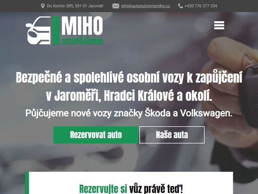 autopůjčovna miho v jaroměři nabízí široký výběr vozů pro každou příležitost. jednoduchá rezervace online, flexibilní podmínky, skvělé ceny a zákaznická podpora 24/7. pronajměte si vůz na dovolenou, pracovní cestu či víkendový výlet ještě dnes!