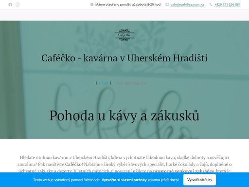 hledáte útulnou kavárnu v uherském hradišti, kde si vychutnáte lahodnou kávu, sladké dobroty a osvěžující zmrzlinu? pak navštivte caféčko! nabízíme široký výběr kávových specialit, horké čokolády a čajů, doplněné o úchvatné zákusky a dezerty. v letních měsících si posezení užijete na prostorné venkovní zahrádce, která je ideálním místem pro...