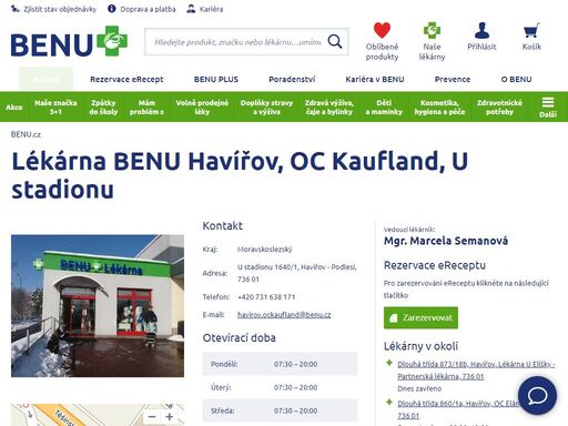 ?každodenně otevřená lékárna benu v havířově. najdete ji u oc kaufland na adrese u stadionu 1640/1, havířov - podlesí, 736 01. zastavte se pro radu!?