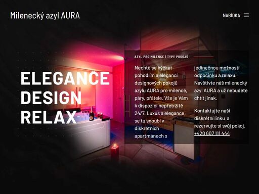 milenecký azyl aura - elegantní, designový a diskrétní hodinový hotel, který nabízí útočiště pro páry i partnerské dvojice či skupiny přátel, kteří si chtějí zpestřit svůj intimní vztah nebo si chtějí nerušeně odpočinout, relaxovat a nechat se hýčkat na úrovni. azyl pro milence nebo chcete-li hodinový hotel s krátkodobým pronájmem wellness pokojů můžete využít kdykoliv, zcela diskrétně, s pohodlným parkováním a 24/7 recepcí.