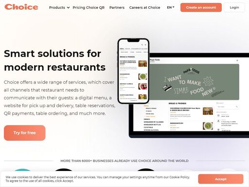 choice is a modern restaurant tool: digital menu, qr-code payment, table reservations, order to table, food delivery and pick-up, feedback service. a universal approach to marketing and service in restaurants.