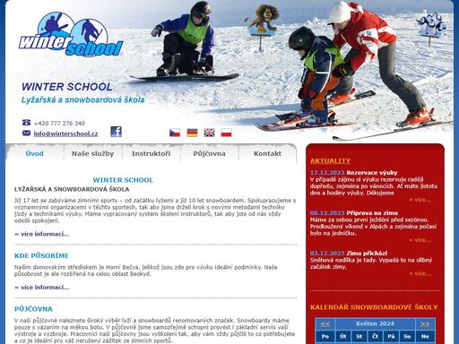 vítáme vás na stránkách lyžařské a snowboardové školy winter school. 
      již 16 let se zabýváme zimními sporty – od začátku lyžemi a již 9 let 
        snowboardem. spolupracujeme s významnými organizacemi v těchto sportech, 
        tak aby jsme drželi krok s novými metodami techniky jízdy a technikami 
        výuky.