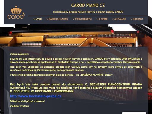 zabýváme se dovozem a prodejem nových akustických klavírů a pianin značky carod. jsme autorizovaným zástupcem této značky pro českou republiku.