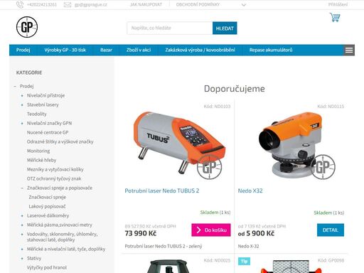 vítáme vás v e-shopu společnosti gp spol. s r.o..  
zajišťujeme prodej, servis a kalibrace měřické techniky.
déle nabízíme zakázkovou výrobu geodetických potřeb, soustružnické a frézařské práce a repase akumulátorů.
v případě jakýchkoliv dotazů na produkty, výrobu nebo kalibraci se na nás neváhejte obrátit buď…