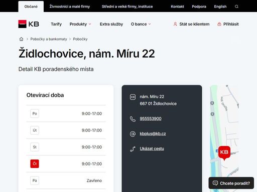 seznam a vyhledávání poboček a bankomatů komerční banky.