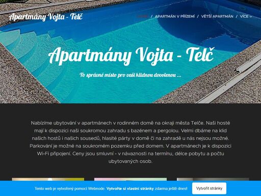 nabízíme ubytování v apartmánech v rodinném domě na okraji města telče. naši hosté mají k dispozici naši soukromou zahradu s bazénem a pergolou. velmi dbáme na klid našich hostů i našich sousedů, hlasité párty v domě či na zahradě u nás nejsou možné. parkování je možné na soukromém pozemku před domem. v apartmánech je k dispozici wi-fi připojení....