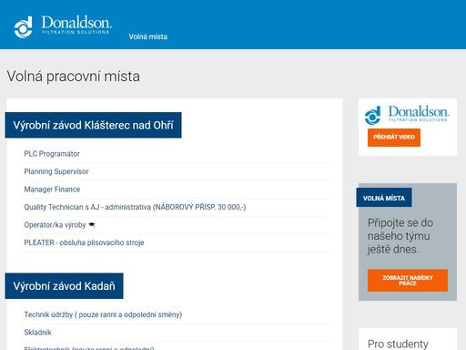 chcete pracovat pro donaldson czech republic s.r.o. nebo doporučit místo svým známým? navštivte sekci kariéra, kde jsou všechna aktuální volná pracovní místa.