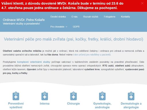 poskytujeme komplexní veterinární služby v říčanech u prahy. široké spektrum služeb (vakcinace, čipování, vyšetření krve, chirurgie...). přes 28 let praxe!