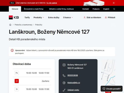 seznam a vyhledávání poboček a bankomatů komerční banky.