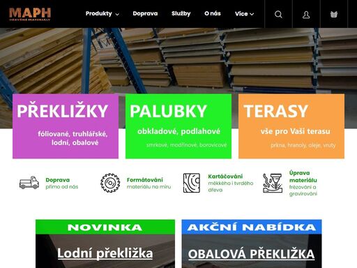 maph dřevěné materiály. překližky, osb, spárovky, kvh hranoly, terasy, palubky, prkna, fošny, hranoly.