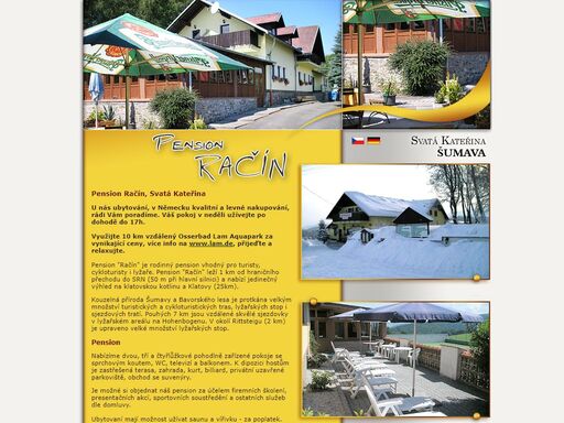 die pension račín ist eine familienpension geeignet für touristen, radfahrer und skifahrer. die pension račín liegt 1 km vom grenzübergang zur brd (50 m von der hauptstrasse) und bietet einen einzigartigen blick auf den klattauer kessel und auf die stadt klatovy (25 km).