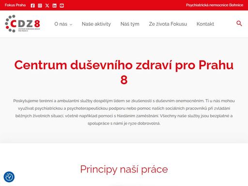 centrum duševního zdraví pro prahu 8 je sociálně zdravotní služba pro lidi se zkušeností s duševním onemocněním, kterou společně realizují fokus praha a psychiatrická nemocnice bohnice.