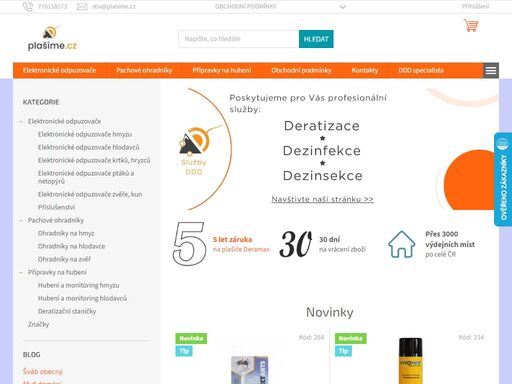 vítejte v eshopu plašíme.cz. máte-li potíže se škůdci, jste na správném místě. v našem eshopu vám nabízíme plašiče hmyzu, hlodavců, ale i toulavé zvěře či kun. vyzkoušet můžete i přípravky k eliminaci hmyzu, ať už ve formě postřiků nebo dýmovnic, případně pasti k monitorování přítomnosti hlodavců či hmyzu. přejeme…