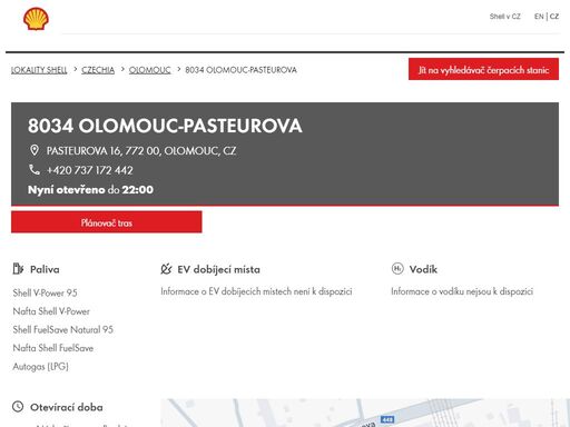 8034 olomouc-pasteurova je čerpací stanice v oblasti olomouc. tato stanice zahrnuje obchod, myčka a toalety.