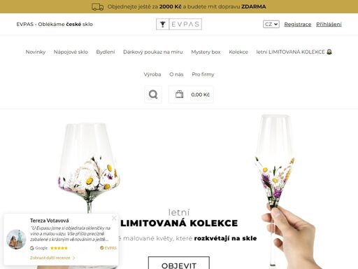 široká nabídka ručně vyráběného luxusního proslulého českého skla od sklárny evpas.