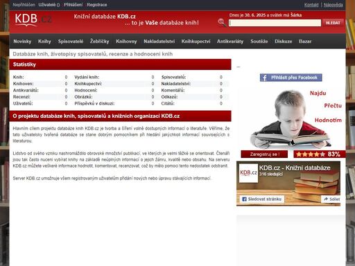 uživatelsky tvořená databáze knih. vaše knihy, spisovatelé, knihkupectví, knihovny, nakladatelství a antikvariáty.