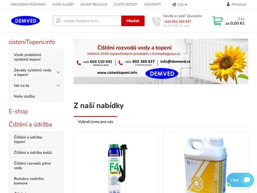 provádíme údržbu, čištění, proplachování a těsnění topných systémů, dodáváme chemii pro topné systémy, čistící pumpy, těsnění závitových spojů, solární a nemrznoucí kapalin, automobilní kapaliny, čištění spalinových cest kotlů, filtrace otopné vody